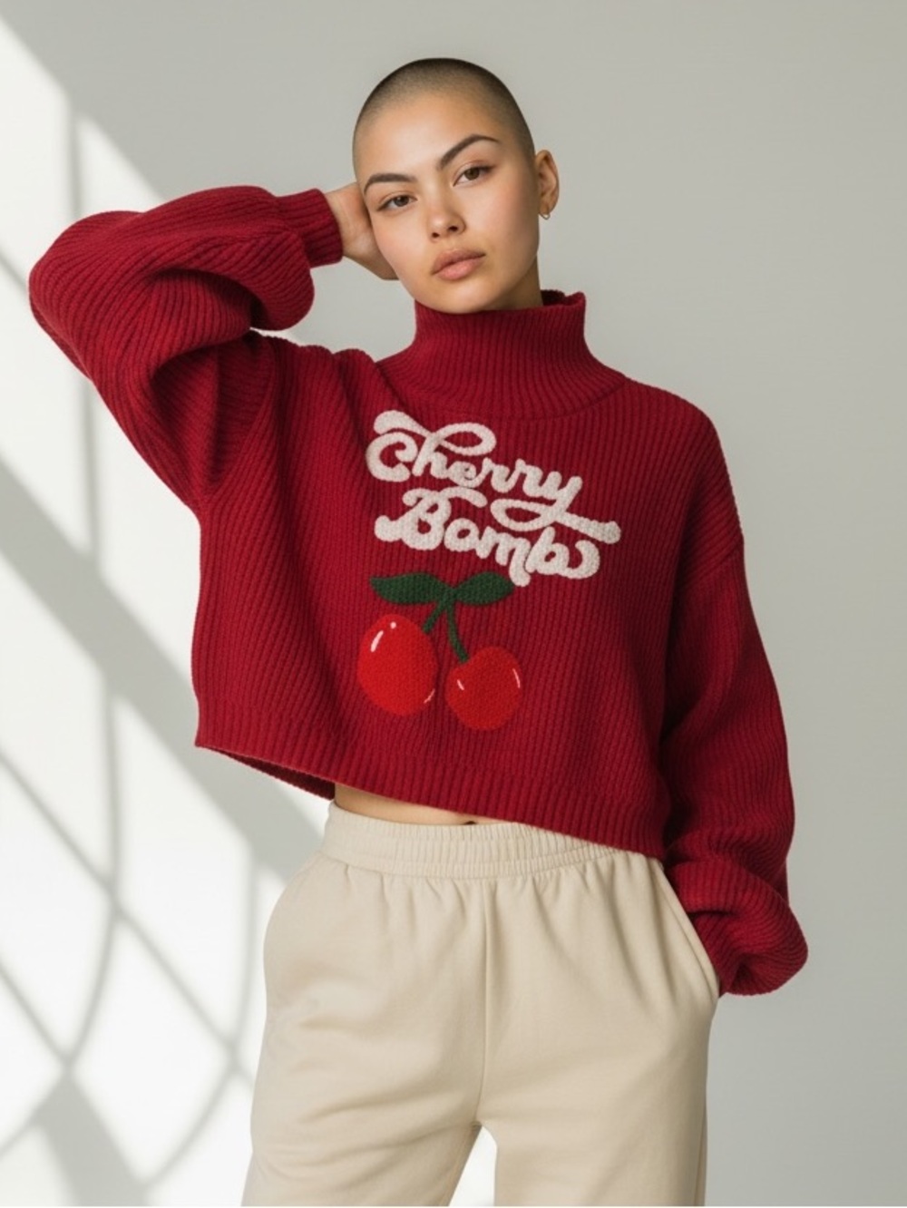 SHEIN Burgundy Cropped 'Cherry Bomb' Knit Sweater